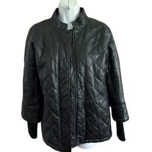 Isaac Mizrahi Chevy Malibu Black Leather Diamond Quilted Jacket Knit Cuff Small